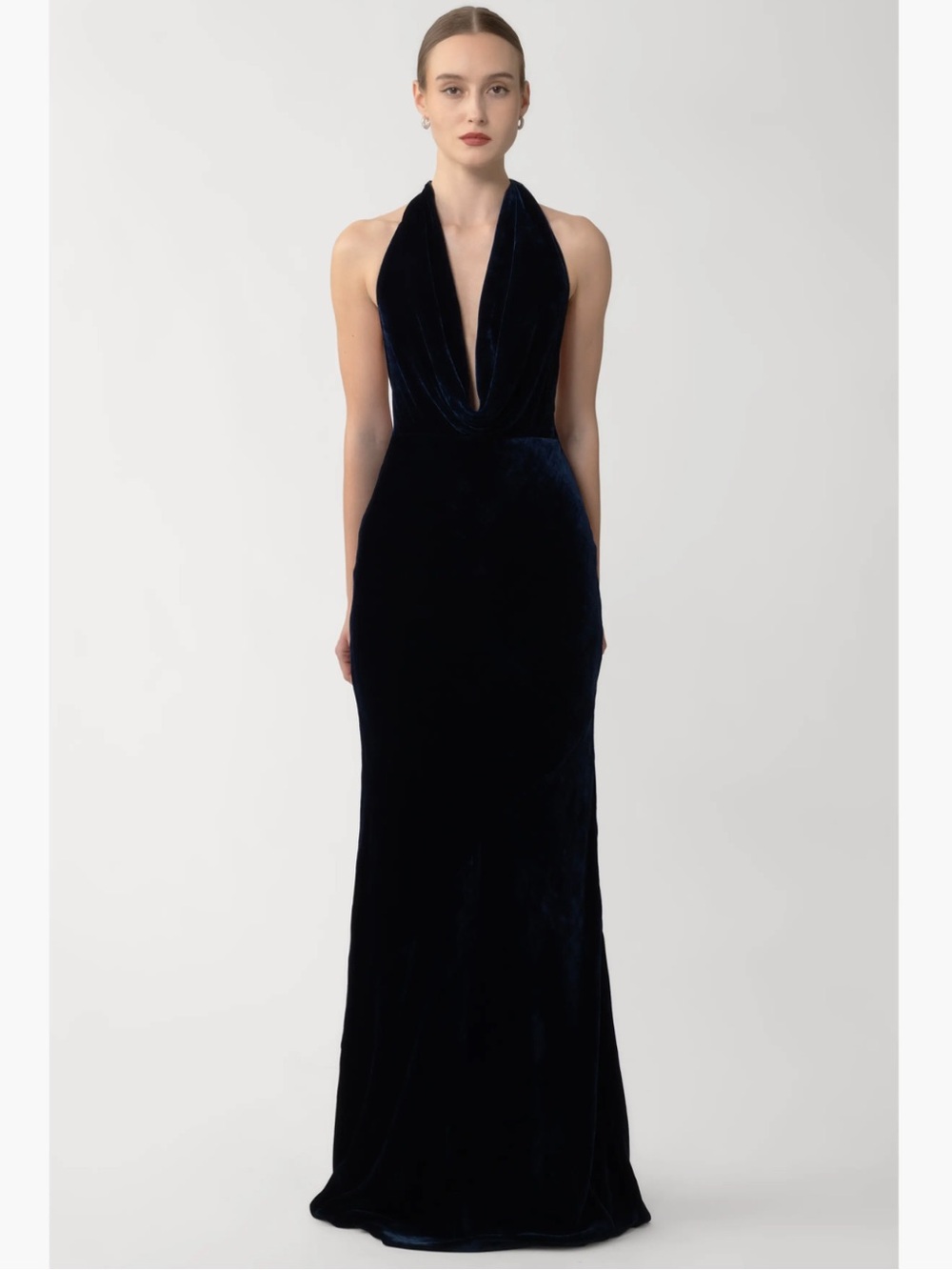 SAU LEE Pearl Cowl Scarf Open Back Strappy Velvet Gown in Midnight Blue - Picture 5 of 10